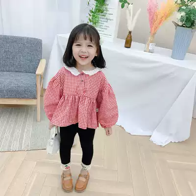 Spring and Autumn baby Western style suit female 1-3 years old 5 girls long-sleeved plaid two-piece baby children's cherry Korean version of the tide