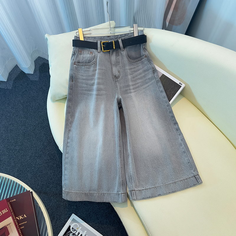La Chapelle American-Style Smoky Gray Straight-Leg Jeans for Women, 2025 Summer New Style, Petite Drapey Cropped Pants