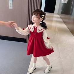 A Girls Spring and Autumn Skirt 2023 Baby Girl Dress Fashionable Doll Collar Collar Contrast Color Matching Western Style Skirt