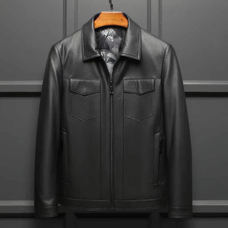 2021 Henning new genuine leather leather clothes men's turned leader Bull Leather down jacket Neckline Jacket Casual Jacket Winter