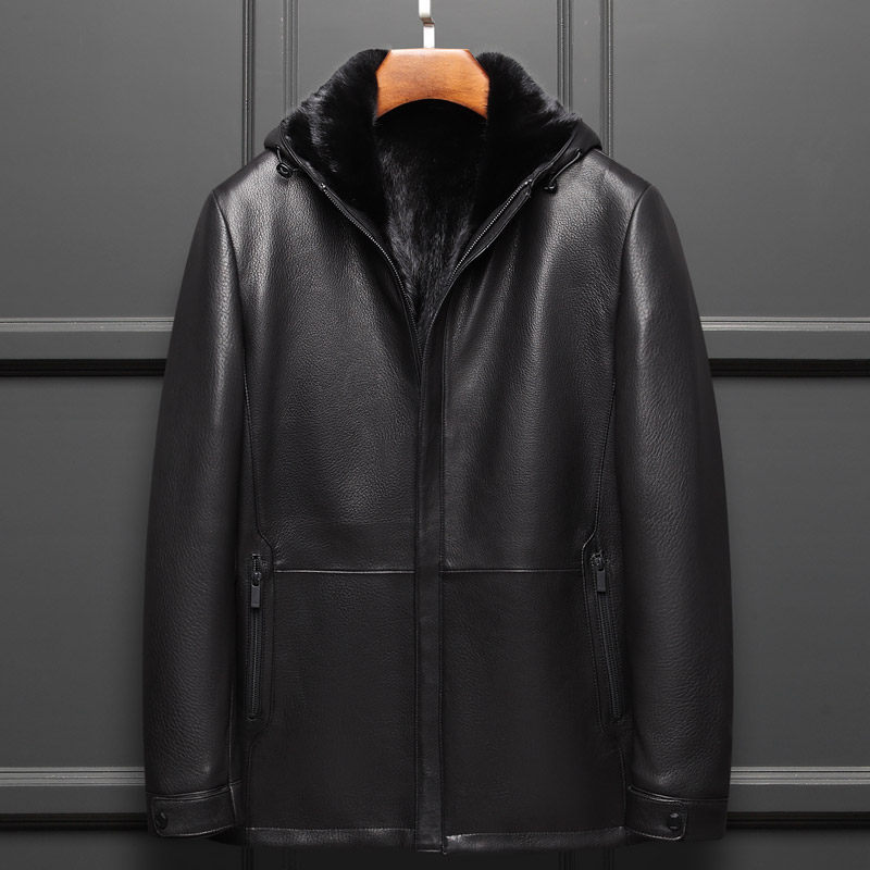 New mink leather coat whole mink with cap genuine leather clothing male ferret liner medium long version black business leather grass big coat