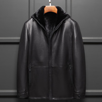 New mink coat men's mink hooded leather coat men's goatskin mink liner long fur coat