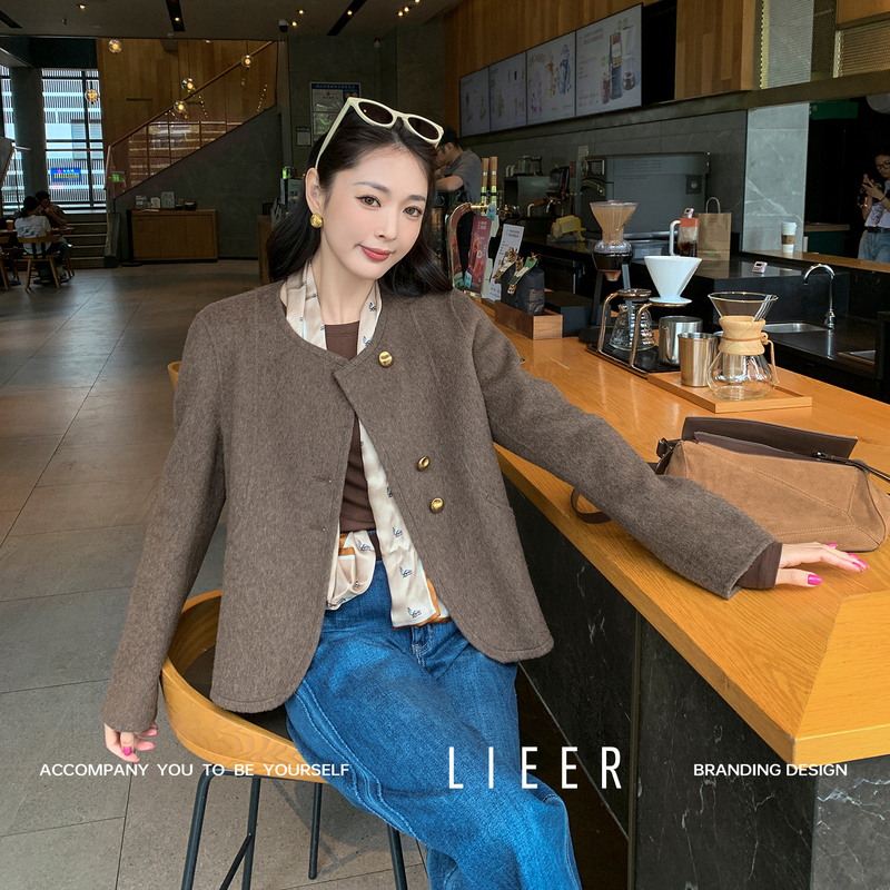 Lieer (Lieer)'Second-Hand Little Lady' 100% Merino Wool Round Neck Metal Buckle Double-Sided Wool Coat