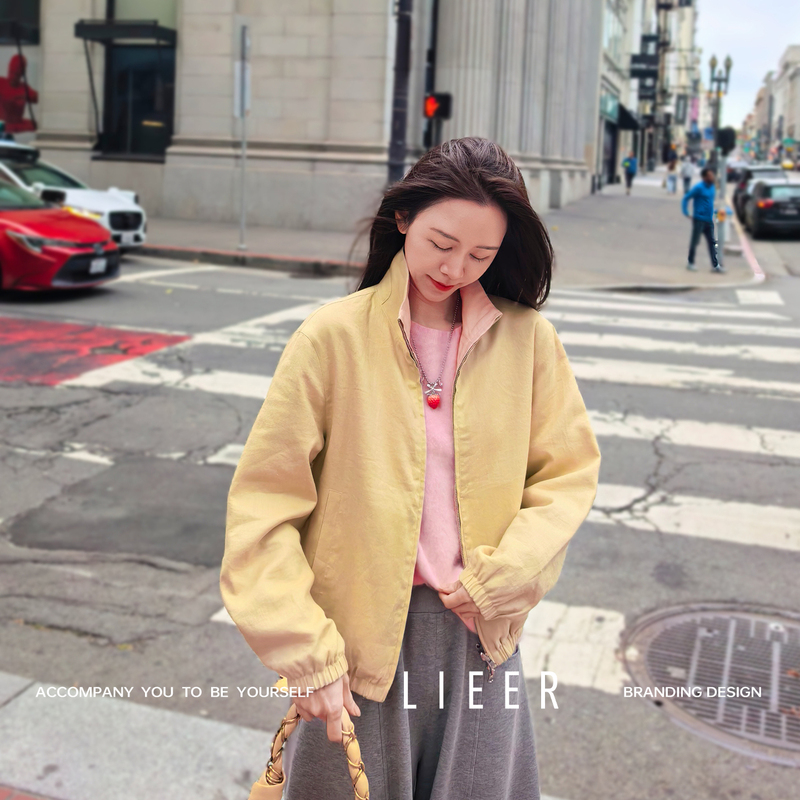 Lieer's "Stanford Jacket" Minimalist Original 100% Linen Classic Stand-Up Collar Flight Zipper Jacket