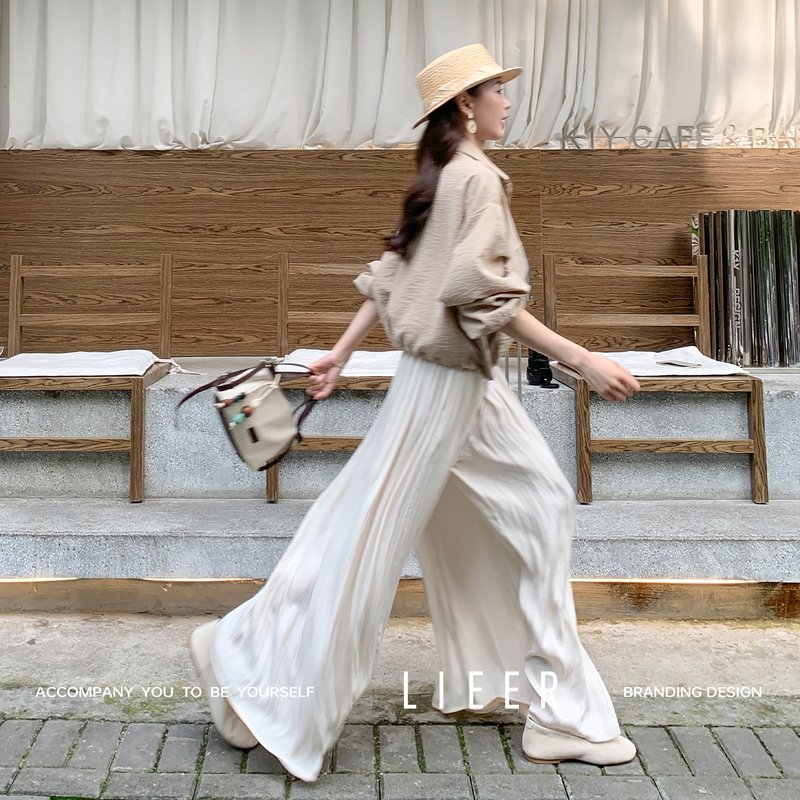 Lieer "Fold-Over Pants" New Island Silk Satin Elastic Waistband Lightweight Breeze-Sweeping Air Pants
