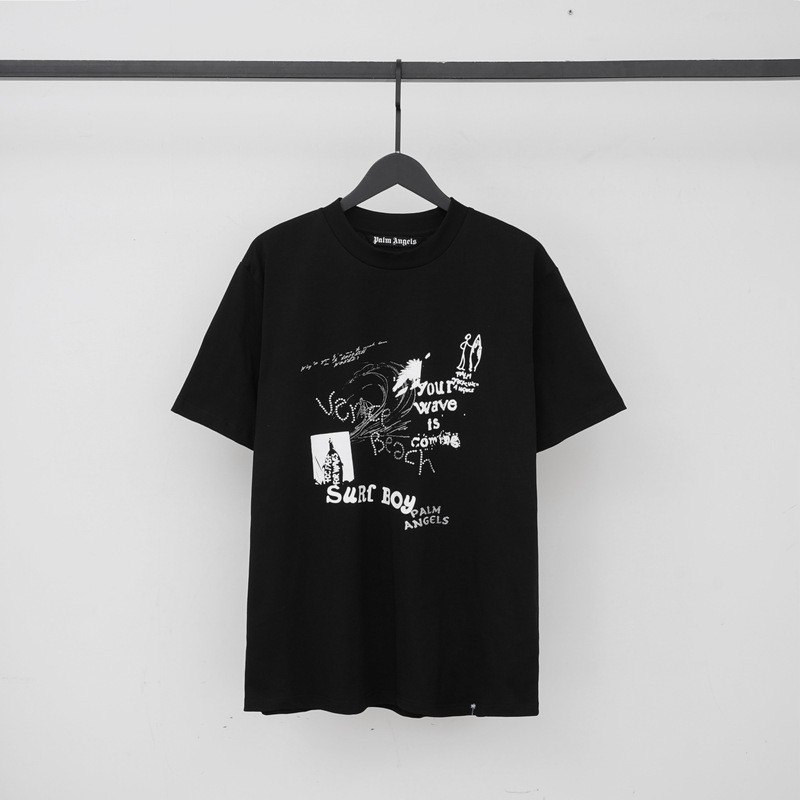 Palm Angels Black Printed and Dyed Short-Sleeve T-Shirt, Loose Fit, Personalized Graffiti, Trendy Brand T-Shirt Palm Angels Black Printed and Dyed Short-Sleeve T-Shirt, Loose Fit, Personalized Graffiti, Trendy Brand T-Shirt