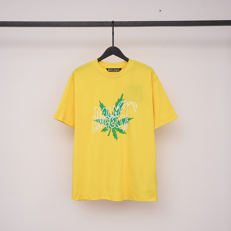Palm Angels Yellow Short-Sleeved T-Shirt with Palm Leaf Print, Trendy Top, Casual Loose Style Palm Angels Yellow Short-Sleeved T-Shirt with Palm Leaf Print, Trendy Top, Casual Loose Style