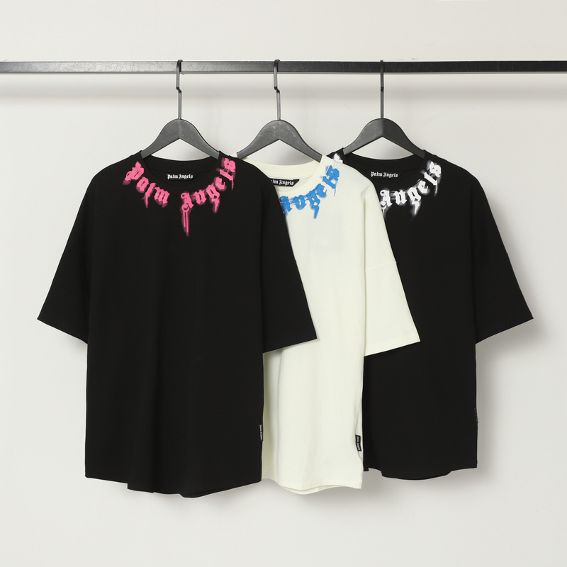 Palm Angels Pa Round Neck Letter Print Short-Sleeve Loose Casual T-Shirt with Retro Colors and Trendy Style