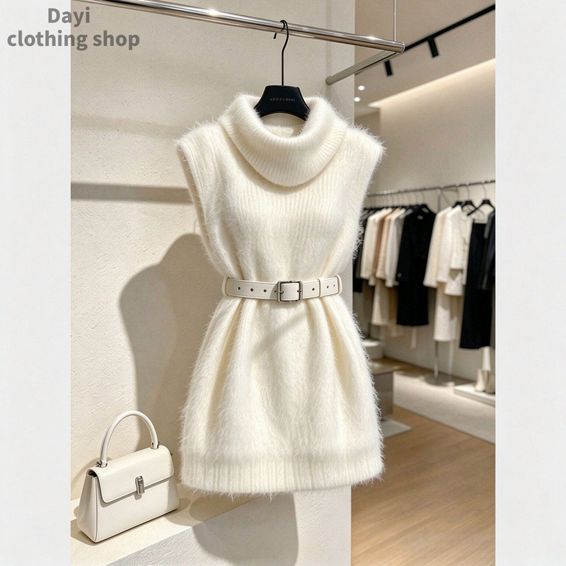 2026 Autumn New White Sleeveless Turtleneck Sweater Knitted Dress for Women, Slim-Fit, Versatile, Elegant Dress