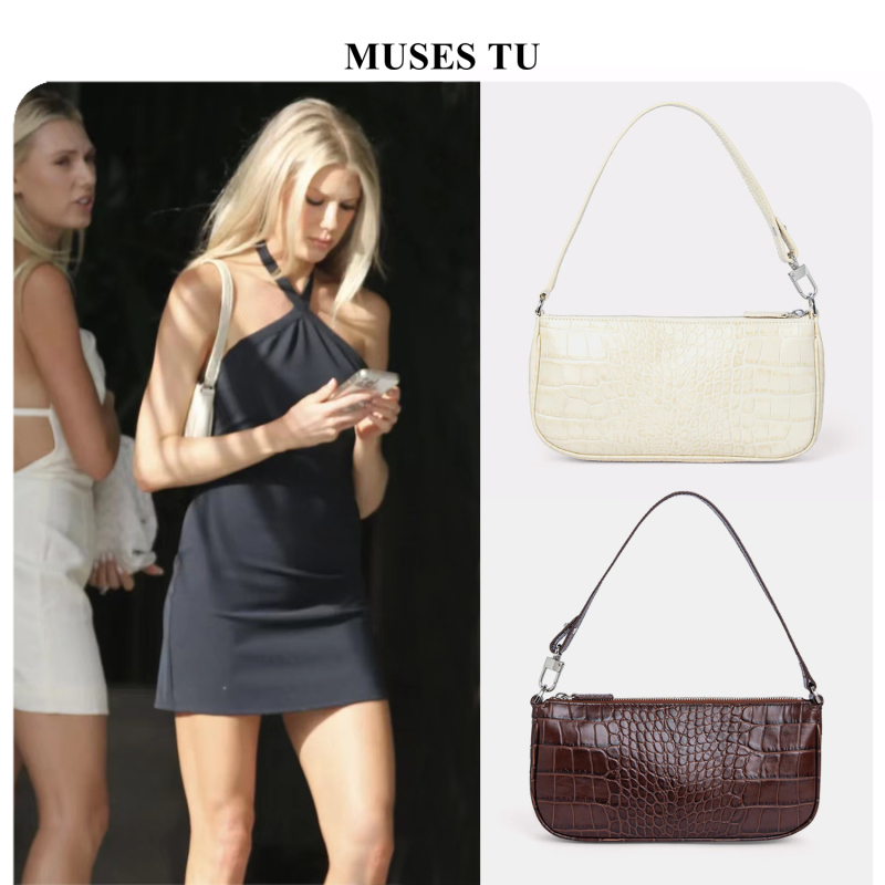 Musestu Niche Genuine Leather Underarm Bag Rachel Vintage Cowhide Baguette Bag Crocodile Pattern Shoulder Bag Hobo Bag