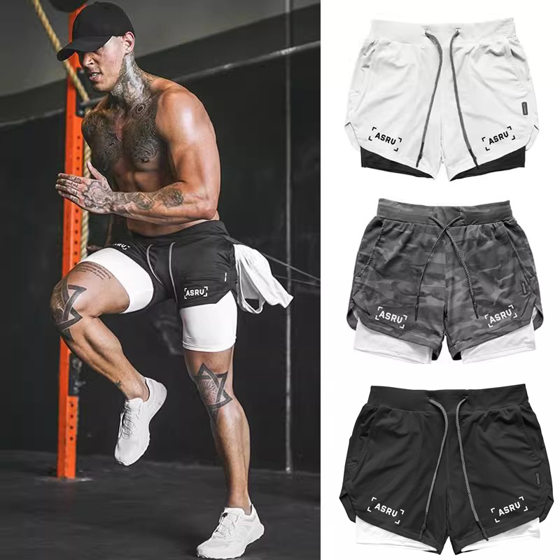 Asrv Sports Shorts Men's American Basketball Double-Layer Lining Running Training Elastic Muscle Quick-Drying Fitness Three-Quarter Pants