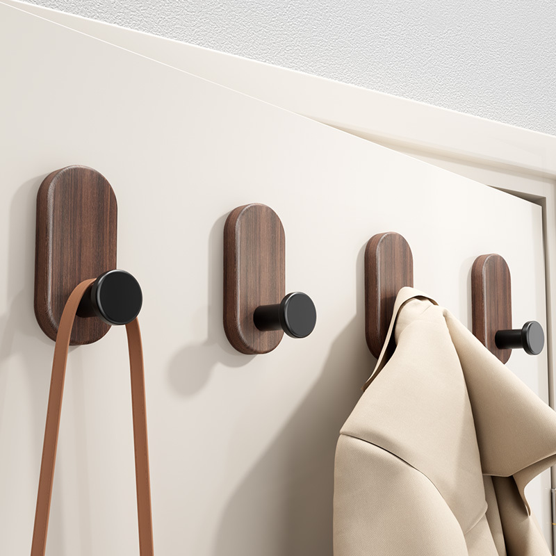 Walnut Wood Hook with Strong Adhesive, No Drilling Required, Single Hook for Behind the Door, Wall-Mounted, Entryway Clothes and Hat Hook