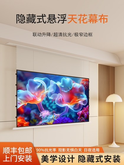 남작 프로젝터 커튼 내장 숨겨진 천장 커튼 100/120 인치 스마트 전기 프레 넬 와이어 방지 커튼 홈 초고 정의 3D/4K 전기 리프팅 거실 프로젝션 커튼