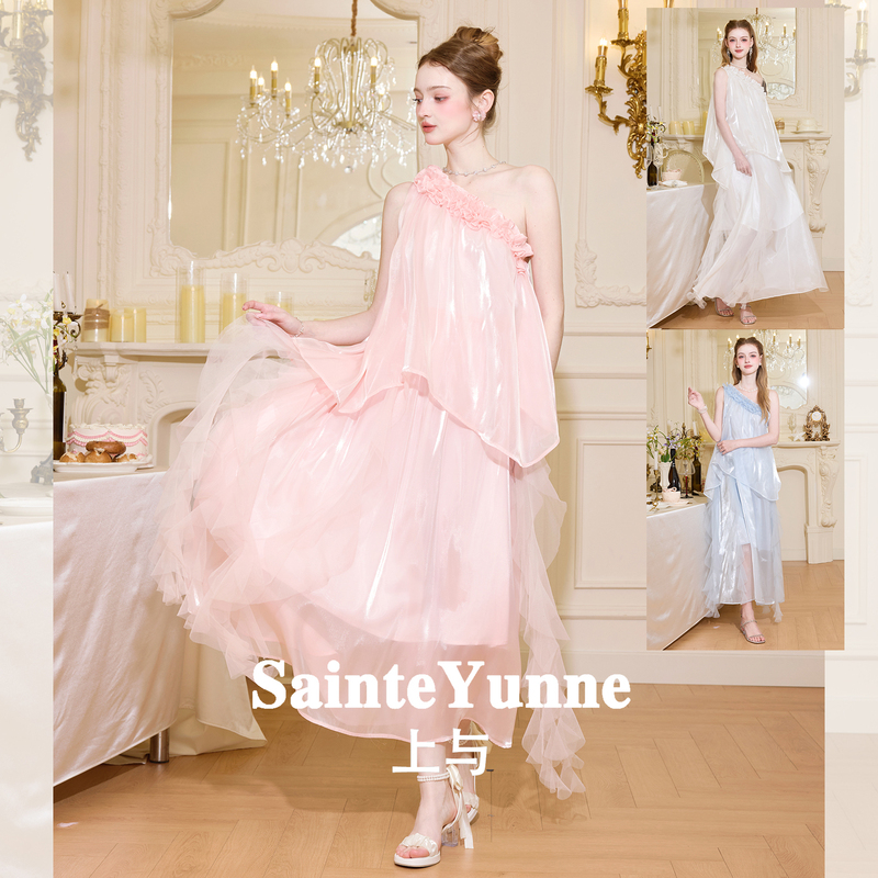 Sainteyunne's [Floating Satin Language] Summer Off-Shoulder Loose Ruffle Slimming Vacation Dress Lq907