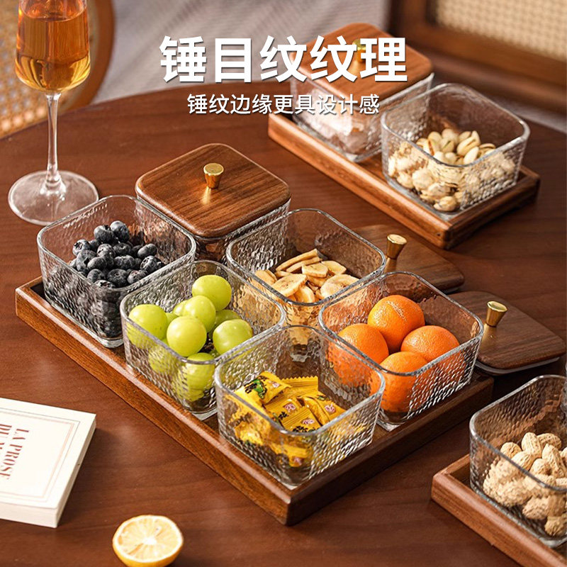 Creative Walnut Wood Fruit Plate Snack Plate Household Divided Fruit Plate Dessert Candy Glass Bowl Fruit Plate Fruit Tray