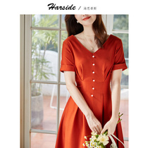 HARSIDE French dress women 2021 new spring summer V collar pleated thin waist solid color long dress