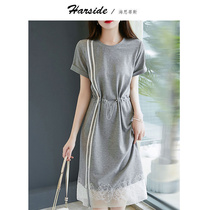 2022 summer new casual loose temperament one-piece dress for a long section of high level Splicing Lace T-shirt Dress in a dress