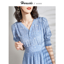 HARSIDE dress female new vneck bubble sleeve blue white dot print waist long dress