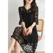 HARSIDE 2022 New Silk Dress Black Middle and Long Two Set of High-end Embroidery Elegant Sansilk