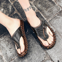 Mens genuine leather slippers outside wearing extra-large code 45 herringbone drag 46 clip feet cool tug 47 beach shoes 48 men widening and fattening