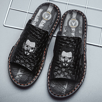 Genuine leather slippers mens summer word drag sandals 2022 new net red sandals outside wearing tide drag mens shoes non-slip