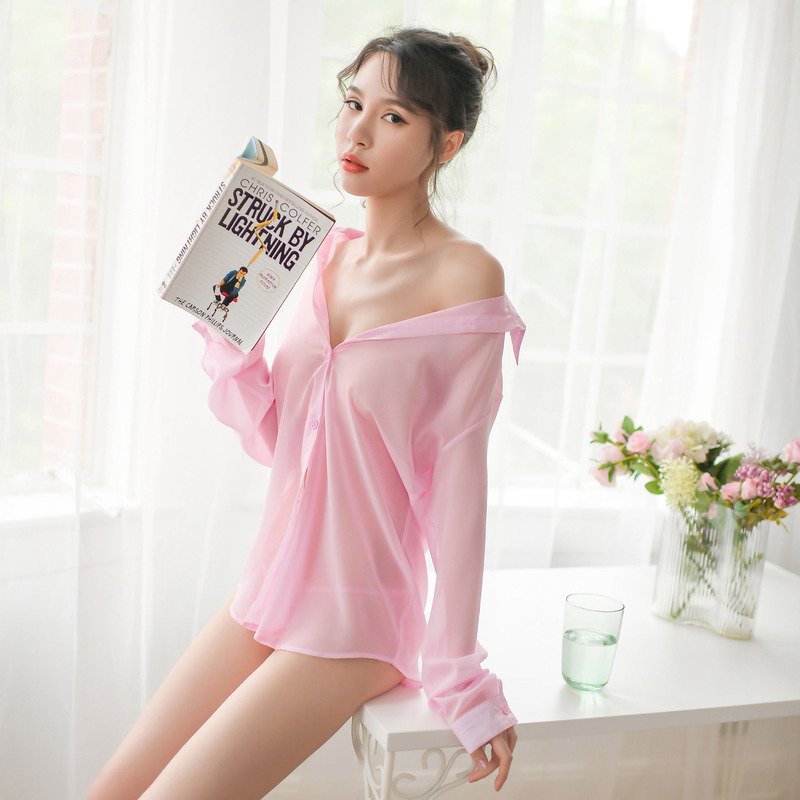 Sexy Loose Japanese-Style Sheer Blouse Women's Nightgown Long-Sleeved Thin White Pink Chiffon See-Through Shirt Top