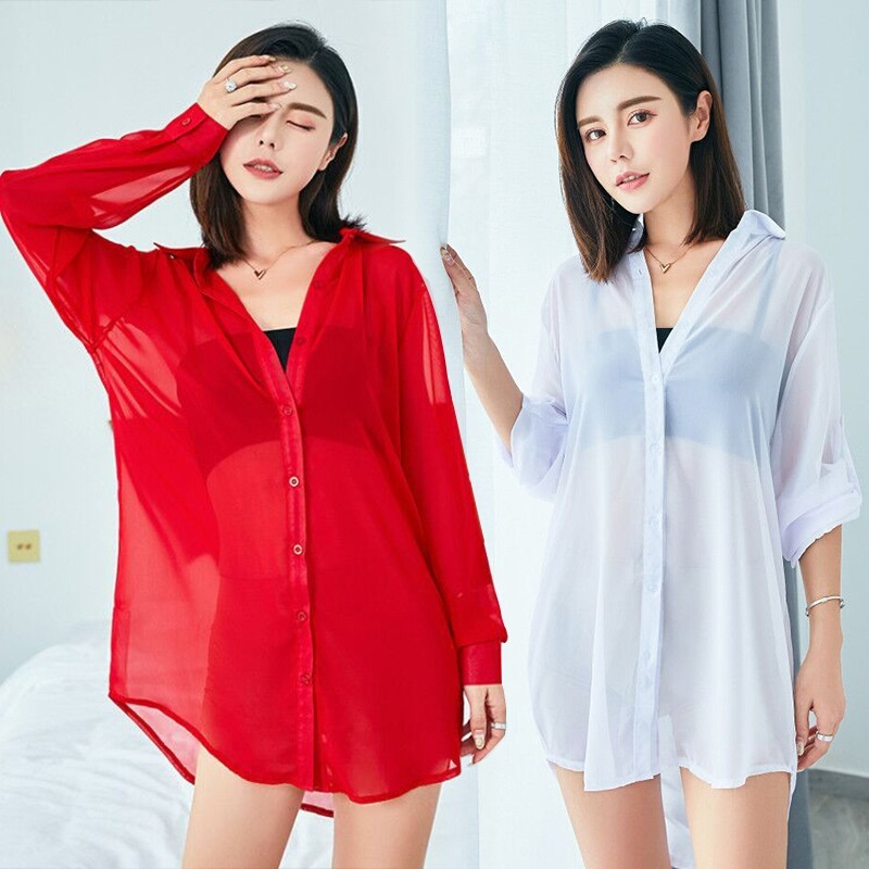Solid Color Transparent White Shirt for Women, Sexy Ultra-Thin Mid-Length Chiffon Red Shirt, See-Through Nightgown, Loose Top Solid Color Transparent White Shirt for Women, Sexy Ultra-Thin Mid-Length Chiffon Red Shirt, See-Through Nightgown, Loose Top