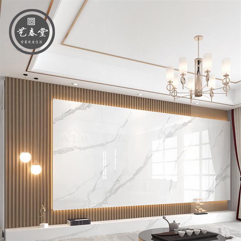 Light luxury stone grille Wood finish Marble TV background wall Living room floating tile background wall