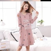 bộ đồ ngủ sọc cộng chiều dài Hàn Quốc phiên bản của womens mùa xuân và đồ ngủ cotton mùa thu kẹp rút gọn tay áo dài tay bên ngoài chiếc áo choàng mặc một chiếc váy.