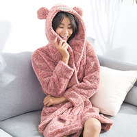 Áo choàng nữ mùa đông dày và lông cừu dài san hô áo choàng tắm nam dễ thương đôi dịch vụ nhà hàng đầu dưa đồ ngủ 2 dây
