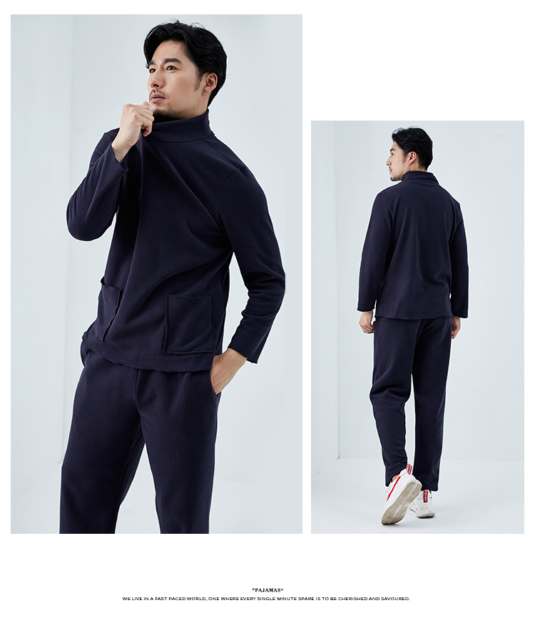 Top đồ ngủ nam mùa xuân và mùa thu dài tay phù hợp với thời trang cổ áo cao nửa phiên bản Hàn Quốc của dịch vụ gia đình nam thoải mái thoáng khí có thể mặc đồ ngủ nam phong cách Nhật Bản