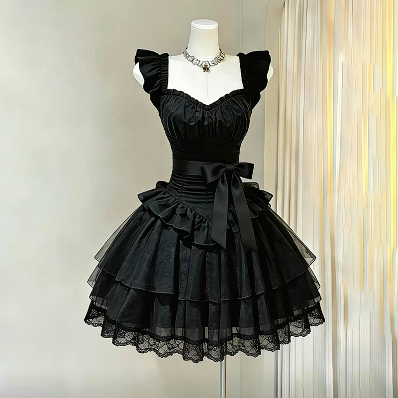 Gothic Dark Lolita Elegant Lady Short-Sleeved Dress with Waist-Cinching Bow, Slimming and Puffy Short Skirt