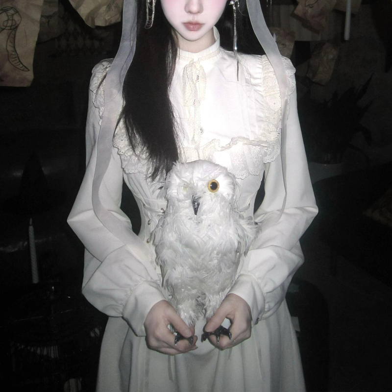 Autumn and Winter Porcelain Gothic Style Lolita Medieval Retro Elegant Long-Sleeved Waist-Cinching White Cape Lace Dress Autumn and Winter Porcelain Gothic Style Lolita Medieval Retro Elegant Long-Sleeved Waist-Cinching White Cape Lace Dress