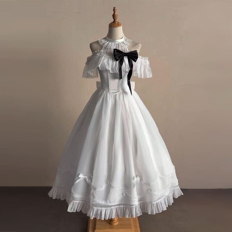 Japanese-Style Clear and Clean Lolita Style Gentle Lady-Like Outfit with Lace Off-Shoulder Slimming Dress for Summer