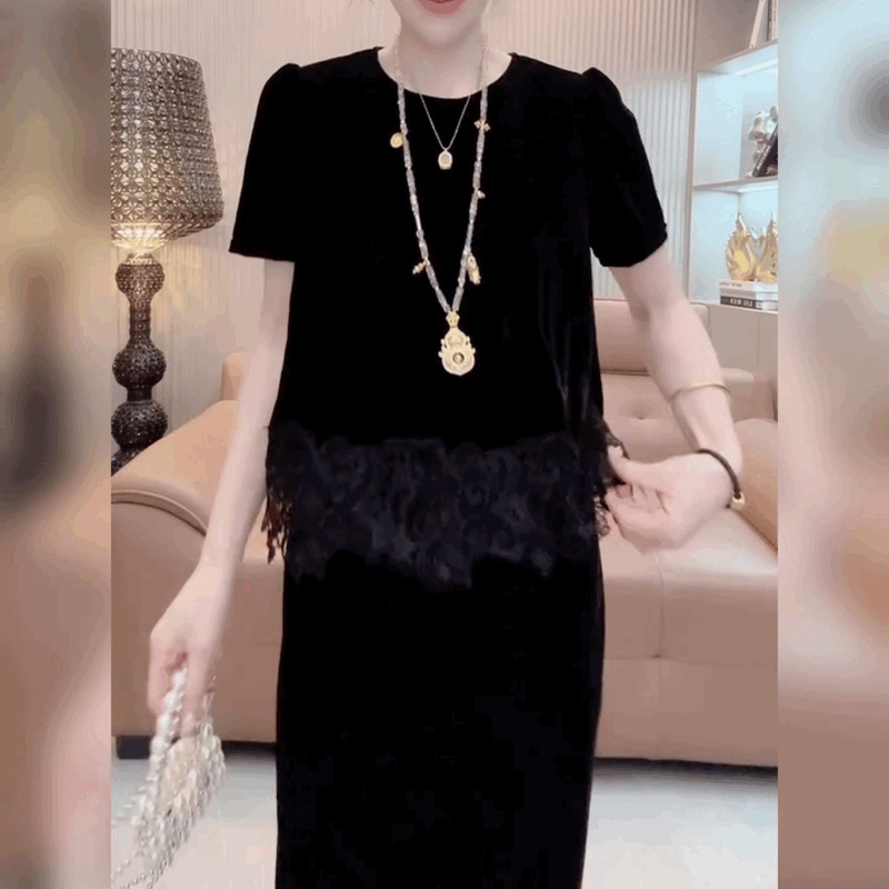 Velvet Short-Sleeved Round-Neck T-Shirt for Women, Stylish Black French-Style Top with Lace Hollow-Out Bowknot Base Shirt