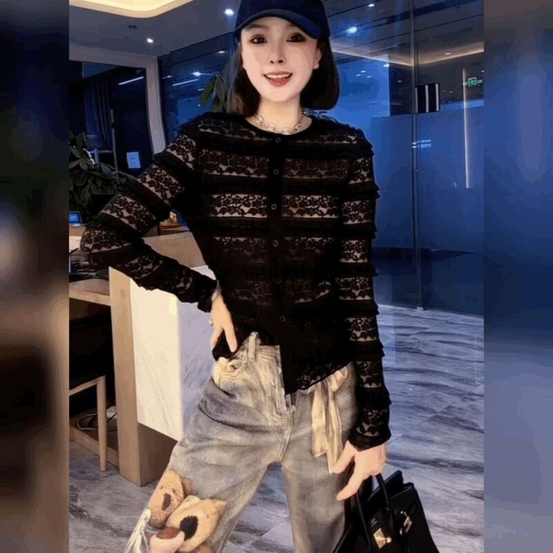 Black Lace Button Cardigan for Women, Long-Sleeved, Slim-Fitting, French-Style Top, Round Neck, Hollow-Out Crochet Fashion Shirt Black Lace Button Cardigan for Women, Long-Sleeved, Slim-Fitting, French-Style Top, Round Neck, Hollow-Out Crochet Fashion Shirt