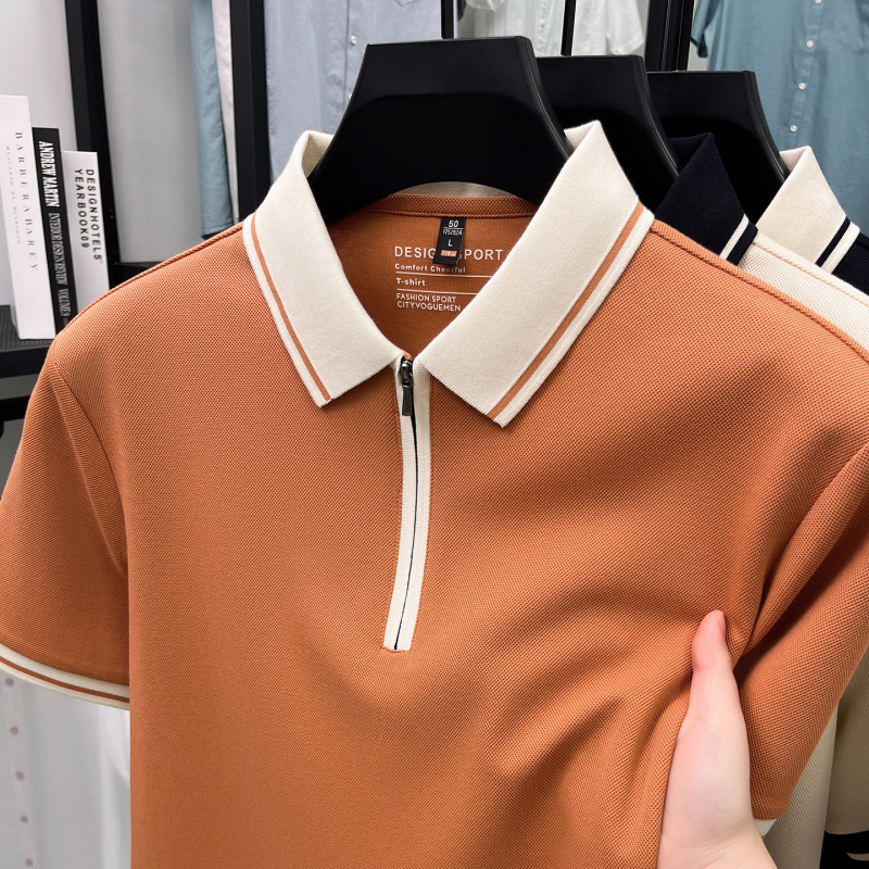 Pierre Cardin Half-Zip Casual Style Men's Summer New Lapel Polo Shirt with Contrasting Colors, Simple Short-Sleeved Top, Trendy Pierre Cardin Half-Zip Casual Style Men's Summer New Lapel Polo Shirt with Contrasting Colors, Simple Short-Sleeved Top, Trendy