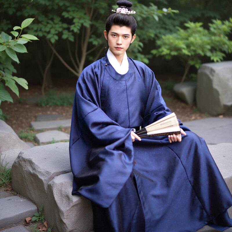 Ming-Style Round-Neck Robe, Traditional Hanfu, Large Size Men's Chinese-Style Long Robe, Handsome Young Gentleman, Wide-Sleeved Official Attire, Ancient Costume