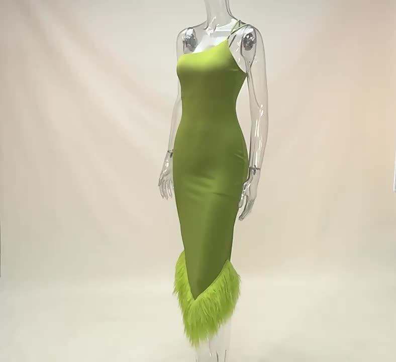 Hot Selling Styles Halter Green Feathers Elegant Evening Sexy Bodycon Midi  Dress
