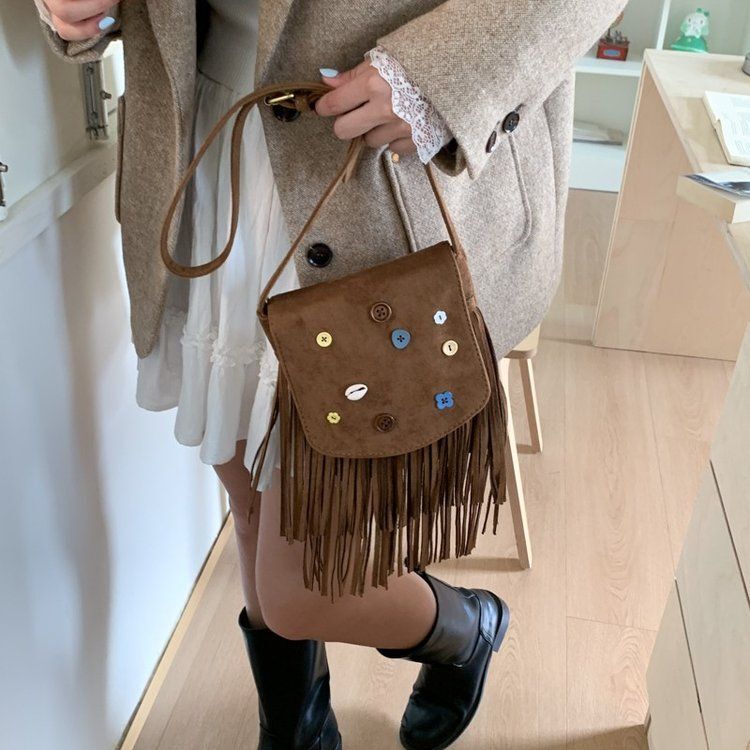 New Tassel Bag, Brown Retro Saddle Shoulder Bag, Niche Ethnic Style Bohemian Crossbody Bag, Trendy Travel Bag for Women New Tassel Bag, Brown Retro Saddle Shoulder Bag, Niche Ethnic Style Bohemian Crossbody Bag, Trendy Travel Bag for Women