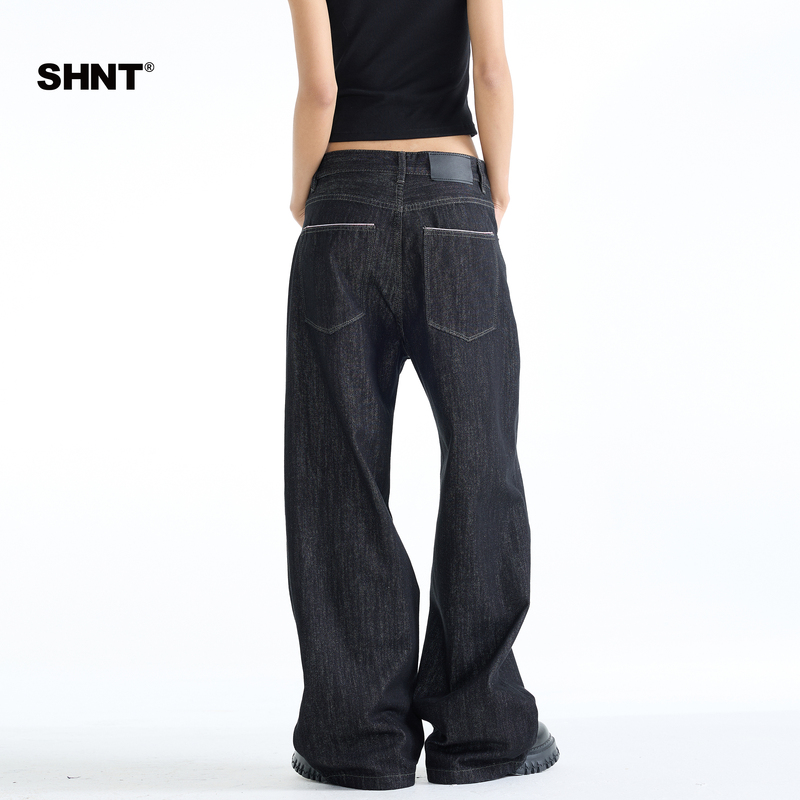 Shnt American Retro Washed Jeans Unisex Loose Straight Wide-Leg Pants Versatile Mid-Waist Wide-Leg Pants
