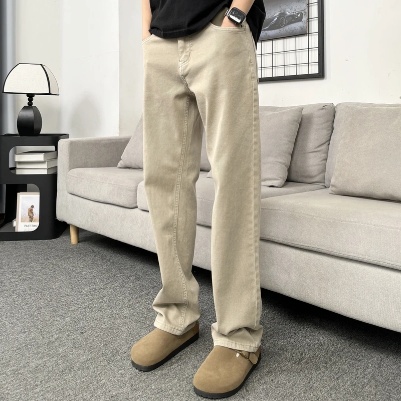 Premium Men's Fashion: Maillard Apricot Color Spring Slim Fit Casual Straight Pants, Loose Milk Card Color Vintage Denim Trousers