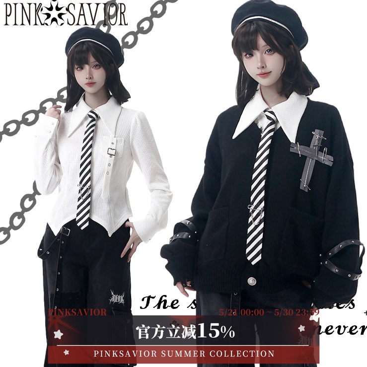 Pinksavior【Time Train】Knitted Sweater with Cross Decoration Design, Slimming Shirt, Denim Pants Pinksavior【Time Train】Knitted Sweater with Cross Decoration Design, Slimming Shirt, Denim Pants