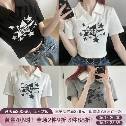 pinksavior [Звездный аромат перхоти] Лето Simple Little Kai Star Print American Retro Girl с коротким рукавом с коротким рукавом