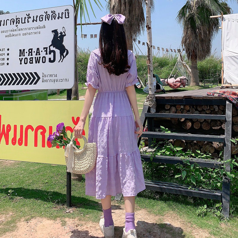 Bubble sleeve dress woman 2022 new summer dress to show thin temperament of mountain wind French potato purple skirt