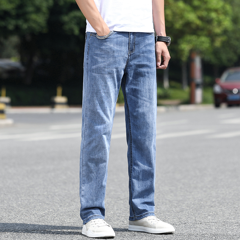 2022 summer jeans men's loose straight new wide-leg pants large size elastic casual pants high-end thin section