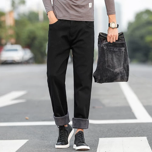 Элитные черные утепленные джинсы с начесом, штаны для отдыха, свободный прямой крой