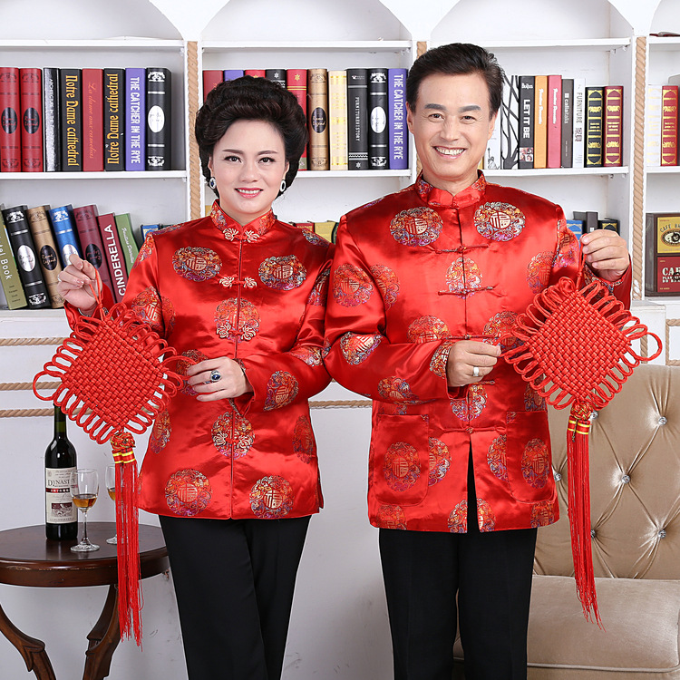 Festive Big Red Wedding Dads Mom Couple Tang Dress Plus Cotton Thickened Winter Middle Aged Long Sleeve Chinese Cotton Padded Jacket