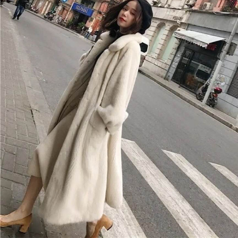 Imitation Mink Fur Eco-Friendly Fur Coat for Women, Long Style, 2025 Winter New Model, Mink Coat over the Knee, Youthful, Fleece-Lined and Thickened