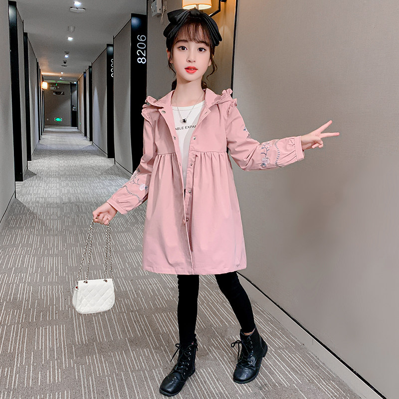 Children's Girls Coat Spring and Autumn 2022 Fashionable Foreign Windbreaker Medium Long Children's Spring Girl Big Kids Clothes